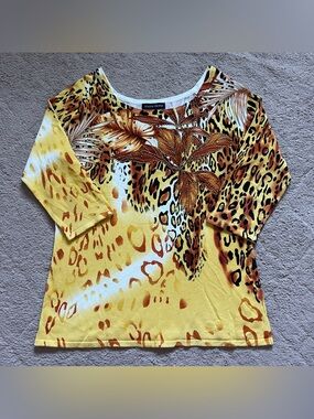 Boston Proper Leopard Print 3/4 Sleeve Top Stretch Old Money Embellished Sz L